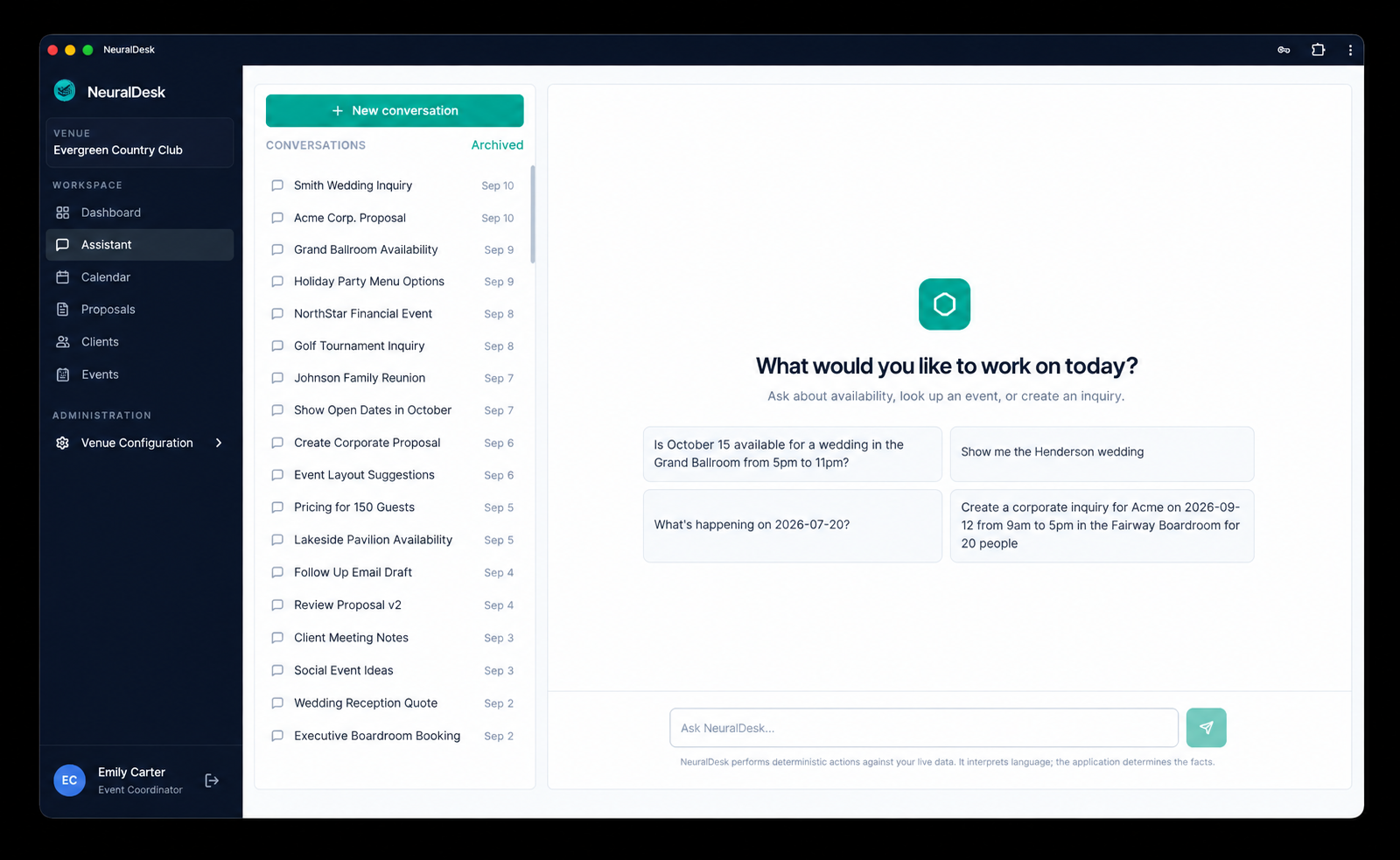 NeuralDesk AI Assistant with venue operations conversation history