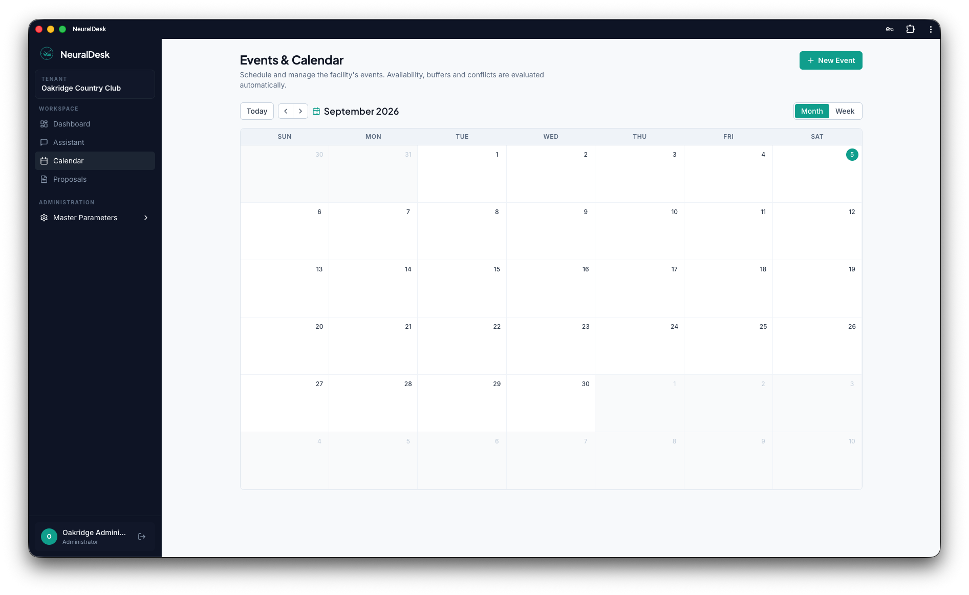 NeuralDesk month calendar for venue events