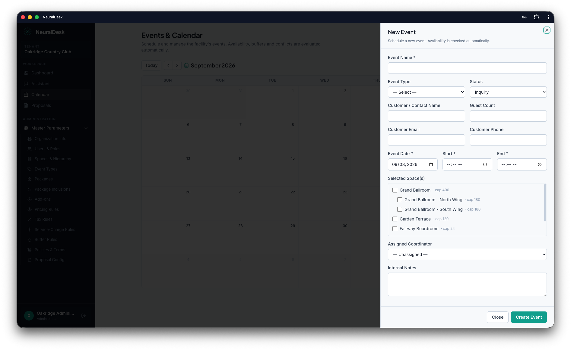 NeuralDesk new event form with spaces and capacity